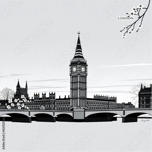 Tower of London under twilight skies in London under fresh spring blossoms