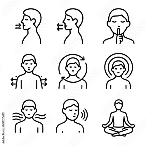 Yoga Breathing Icons. Outline icon set of yoga breathing exercises: inhalation, exhalation, breath control,