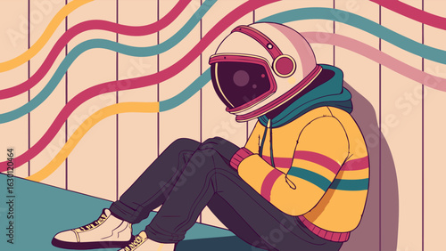 AstronautHelmeted Figure in Casual Attire Contemplative Pose.