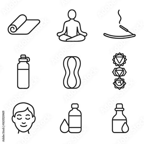Yoga Goals Icon Set. Outline icon set of yoga goals: yoga mat, lotus pose, meditation icon, incense, water