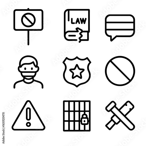 Societal Taboo Icons. Outline icon set of societal taboo: protest sign, broken law book, censored speech, gagged person, police