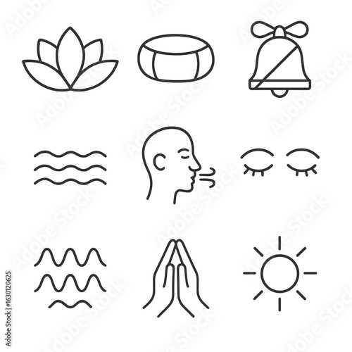 Yoga Mindfulness Icons. Outline icon set of yoga mindfulness: lotus flower, meditation cushion, silent bell,