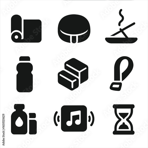 Yoga Meditation Icons. Solid, filled icons set of yoga and meditation at home: yoga mat, meditation cushion,