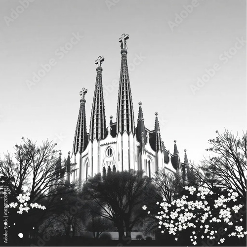 La Sagrada Familia under twilight skies in Barcelona under fresh spring blossoms