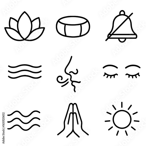 Yoga Mindfulness Icons. Outline icon set of yoga mindfulness: lotus flower, meditation cushion, silent bell,