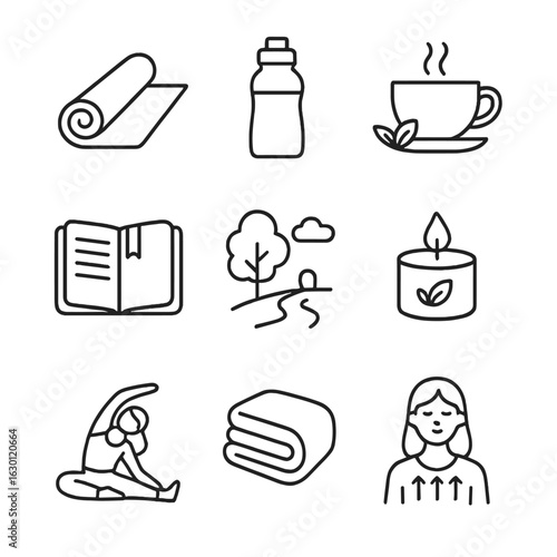 Yoga Self-Care Icons. Outline icon set of yoga self-care routine: yoga mat, water bottle, calming tea, journal