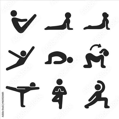 Yoga Pose Icons. Solid, filled icons set of yoga for core stability: boat pose, cobra pose, upward dog, side