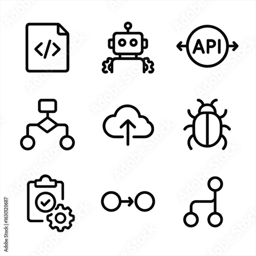 Software Automation Icons. Outline icon set of software automation: code script, robot process, API integration, workflow
