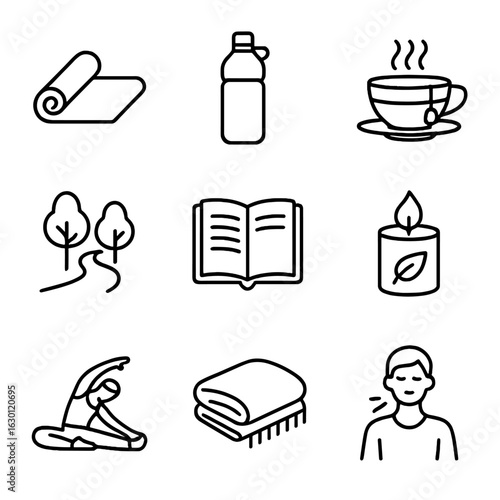 Yoga Self-Care Icons. Outline icon set of yoga self-care routine: yoga mat, water bottle, calming tea, journal