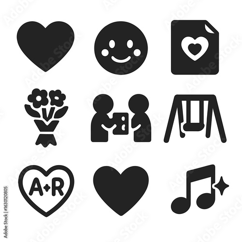Young Love Icons. Solid, filled icons set of young love and first connections: blush heart, shy smile, school
