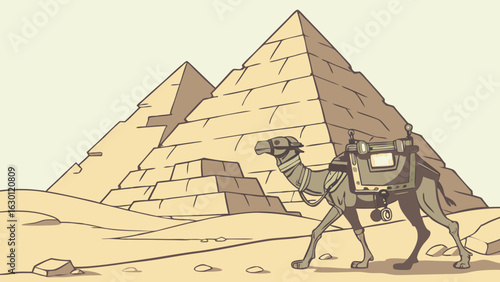 Cartoon Camel Walking Near Ancient Egyptian Pyramids.