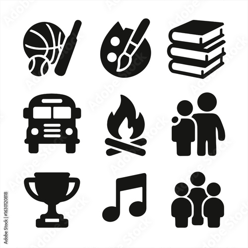 Youth Program Icons. Solid, filled icons set of youth programs: sports equipment, art supplies, books, school