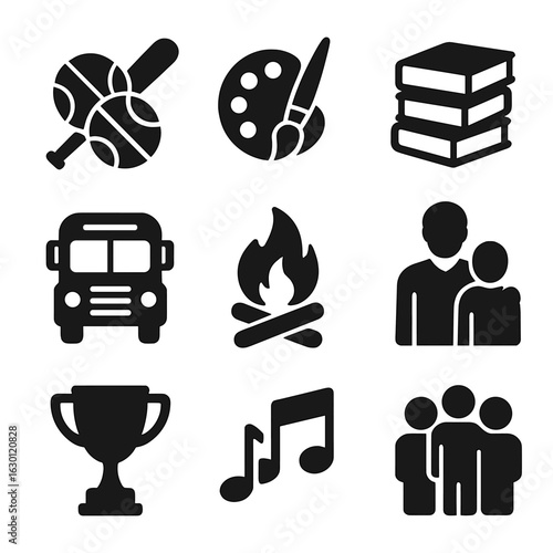 Youth Program Icons. Solid, filled icons set of youth programs: sports equipment, art supplies, books, school