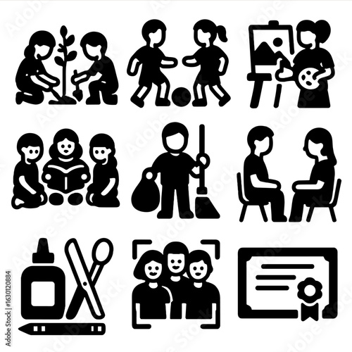 Youth Volunteering Icons. Solid, filled icons set of youth volunteering programs: kids planting trees,