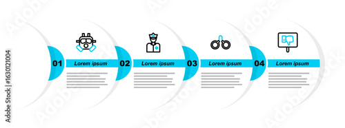 Set line Protest, Handcuffs, Police officer and Gas mask icon. Vector