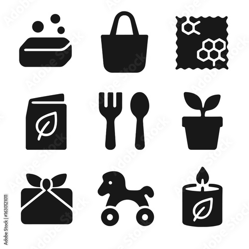 Zero-Waste Gift Icons. Solid, filled icons set of zero-waste gift ideas: handmade soap, reusable bag, beeswax