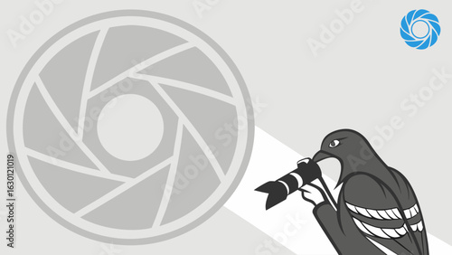 Cartoon Pigeon Photographer with Camera Lens Aperture Illustration.