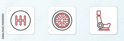 Set line Car seat, Gear shifter and wheel icon. Vector