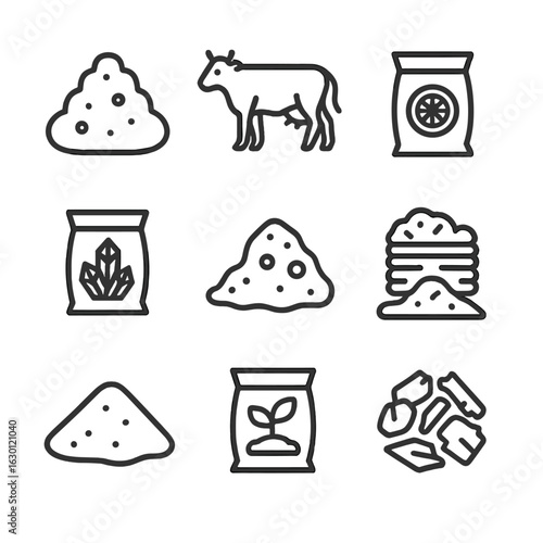Soil Amendment Icons. Outline icon set of soil amendments: compost, manure, lime, gypsum, biochar, peat moss, sand, fertilizers,