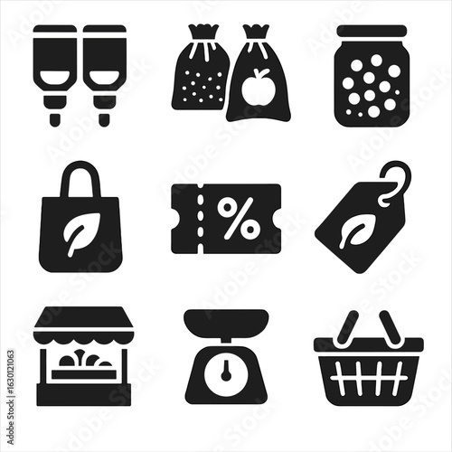 Zero-Waste Shopping Icons. Solid, filled icons set of zero-waste shopping: bulk bins, reusable produce bags,