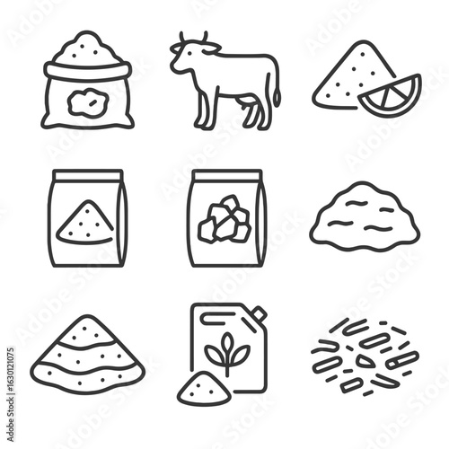 Soil Amendment Icons. Outline icon set of soil amendments: compost, manure, lime, gypsum, biochar, peat moss, sand, fertilizers,
