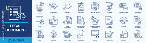 Legal document icon set. Containing contract, agreement, passport, ID card, certificate, license, patent, testament and more. Vector solid icons collection.
