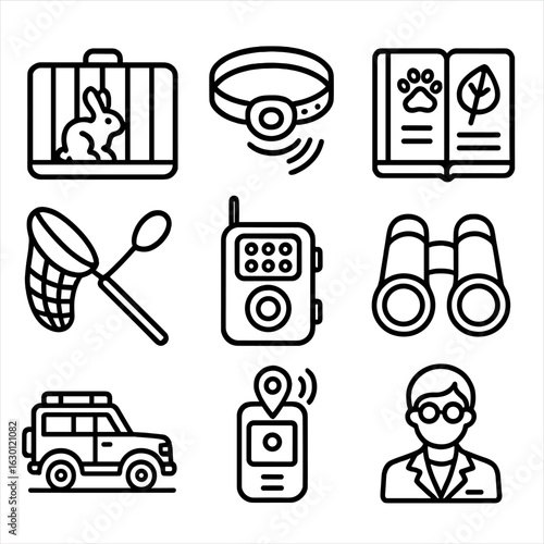 Zoological Study Icons. Outline icon set of zoological study: animal cages, tracking collar, field notebook,