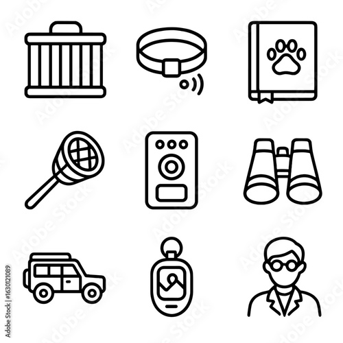 Zoological Study Icons. Outline icon set of zoological study: animal cages, tracking collar, field notebook,