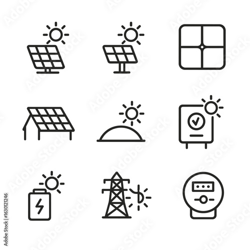 Solar Energy Icons. Outline icon set of solar energy and sunbeam: solar panel with ray, sun tracker silhouette, photovoltaic cell