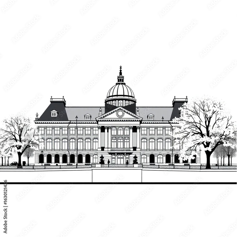 Obraz premium Rijksmuseum shimmering in Amsterdam under fresh spring blossoms