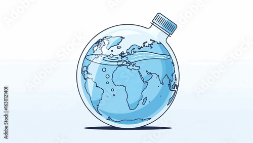 A conceptual illustration of planet Earth contained within a water bottle, symbolizing the fragility of global water resources and the need for conservation.
