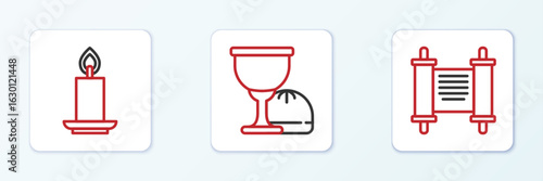 Set line Decree, paper, parchment, scroll, Burning candle and Holy grail or chalice icon. Vector