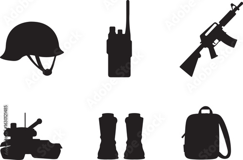 Military gear icons: helmet, rifle, tank, boots, backpack, radio
