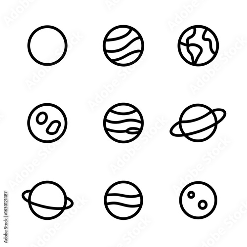 Solar System Icons. Outline icon set of solar system planets: mercury, venus, earth, mars, jupiter, saturn, uranus, neptune, dwarf