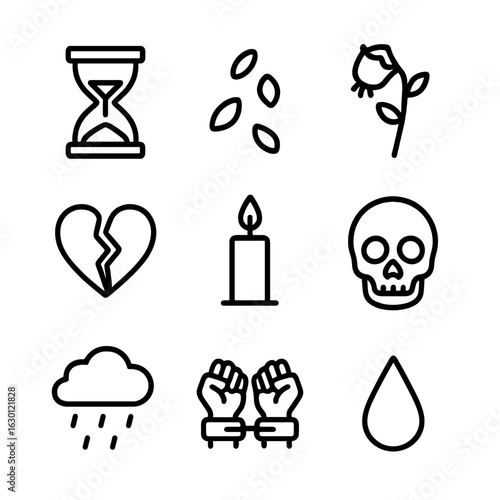 Icons of Sorrow. Outline icon set of symbolic lament: hourglass, falling petals, wilted rose, broken heart, candle flame, skull,
