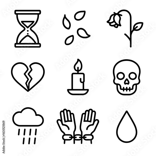 Icons of Sorrow. Outline icon set of symbolic lament: hourglass, falling petals, wilted rose, broken heart, candle flame, skull,