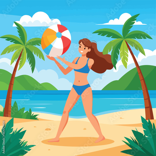 Smiling woman in a bikini plays with a colorful beach ball on a tropical beach.