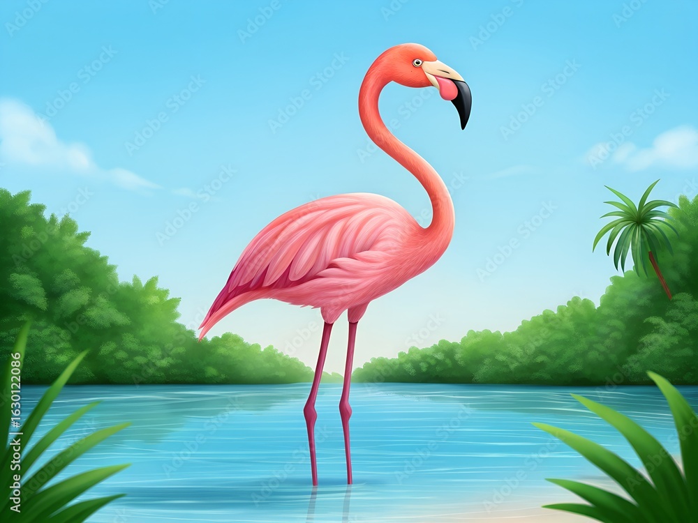 Fototapeta premium Pink flamingo standing in water with tropical background illustration