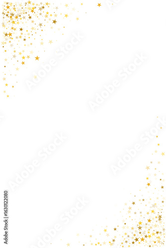 Gold stars vector background, sparkling Christmas confetti falling isolated on white. Magic shining flying golden stars glitter backdrop, sparkle border