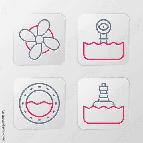 Set line Floating buoy, Ship porthole, Periscope and Boat propeller icon. Vector