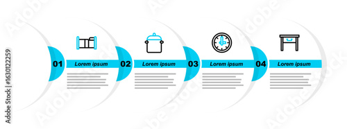 Set line Furniture nightstand, Clock, Cooking pot and Bed icon. Vector