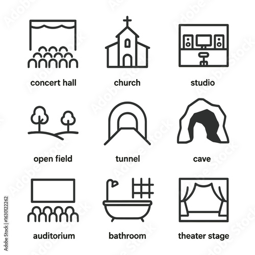 Sound Environment Icons. Outline icon set of sound environment types: concert hall, church, studio room, open field, tunnel, cave,
