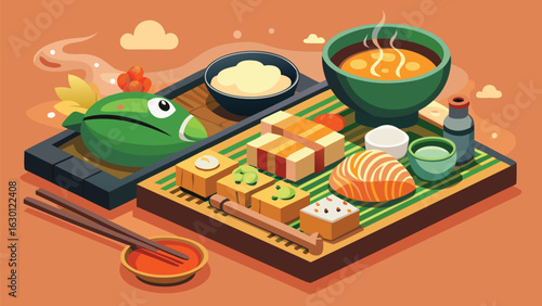 Isometric view of a sushi platter with soup, fish cake, and various sushi pieces on a wooden tray