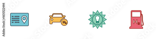 Set Address book, Hydrogen car, Solar energy panel and filling station icon. Vector