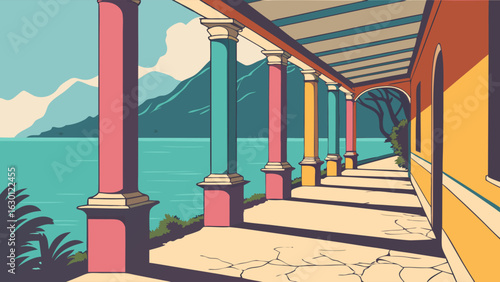Colorful Colonnade Overlooking the Sea with Mountain Backdrop Illustration.