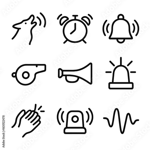 Sound Signal Icons. Outline icon set of sound signals: howl, alarm, bell, whistle, horn, siren, clap, beep, wave. Line icons in