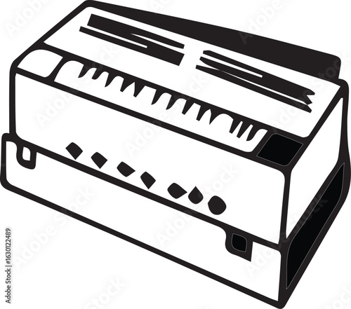 Black and white illustration of a vintage electronic keyboard or synthesizer