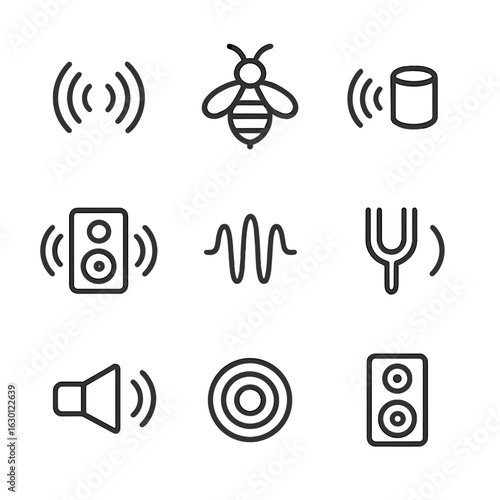 Sound Vibration Icons. Outline icon set of vibration and sound: humming sound, buzzing, rattling noise, vibration in speakers,