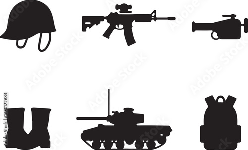 Military gear icons: helmet, rifle, grenade, boots, tank, backpack