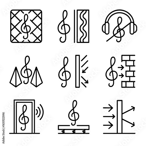 Soundproofing Icon Set. Outline icon set of treble in soundproofing: acoustic foam, sound insulation, noise cancellation, bass
